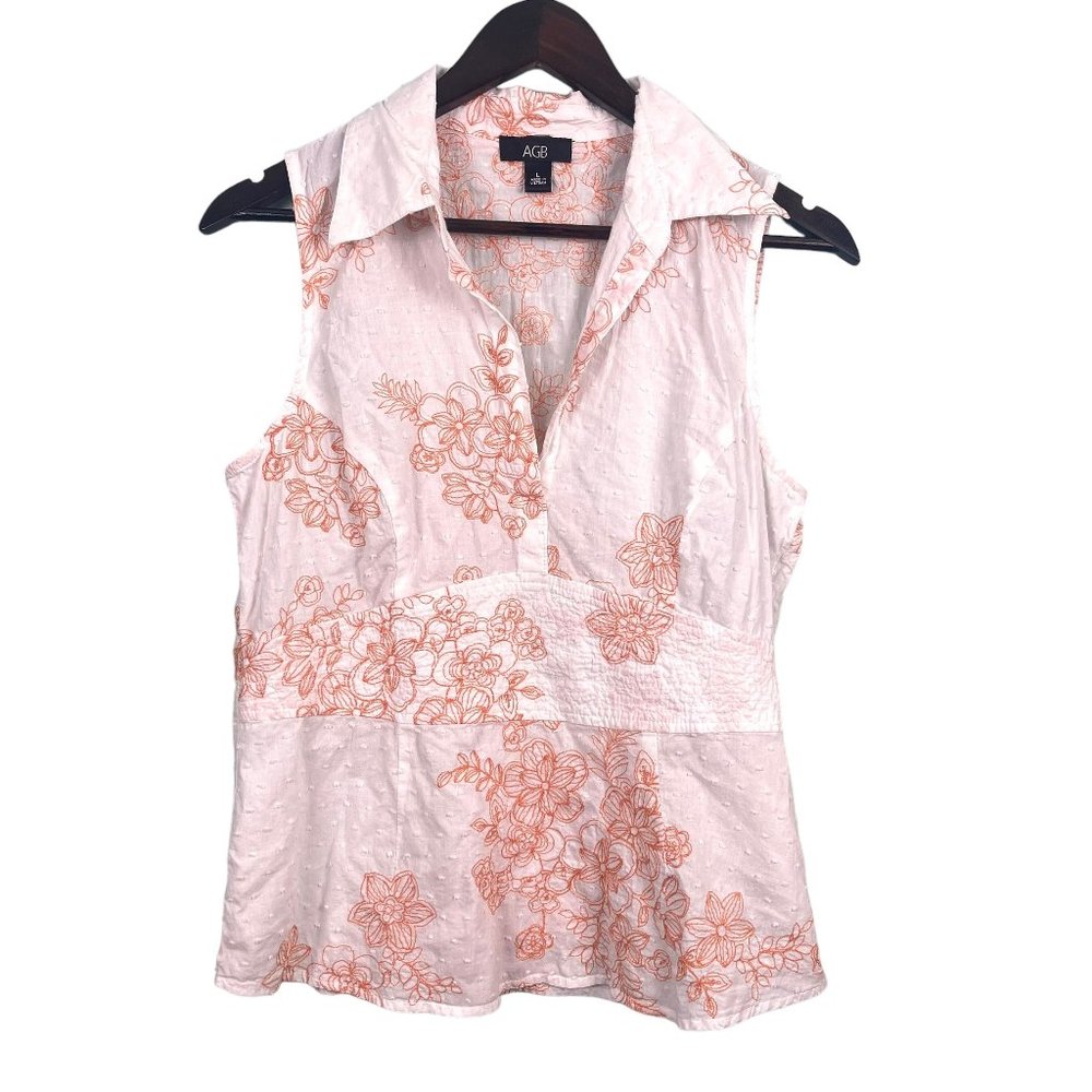 AGB Womens Floral Embroidered Blouse SZ Large Sleeveless Collared White Orange